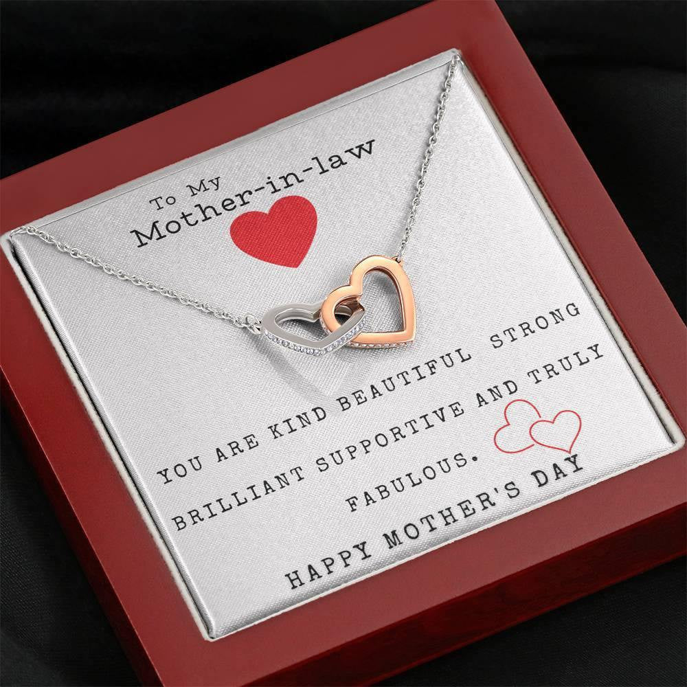 To My Mother In Law YOU ARE KIND BEAUTIFUL STRONG BRILLIANT SUPPORTIVE AND TRULY FABULOUS In Law Interlock Hearts Necklace Mothers Day Gift