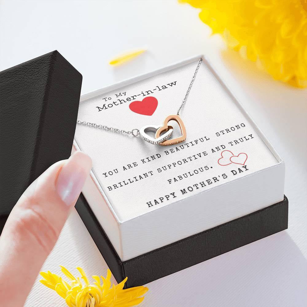 To My Mother In Law YOU ARE KIND BEAUTIFUL STRONG BRILLIANT SUPPORTIVE AND TRULY FABULOUS In Law Interlock Hearts Necklace Mothers Day Gift