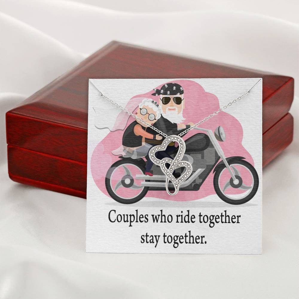 To My Wife Ride Together Stay Together Double Hearts Necklace Message Card From Son Daughter Gift Anniversary Birthday Graduation Mothers Day - Double Hearts Necklace