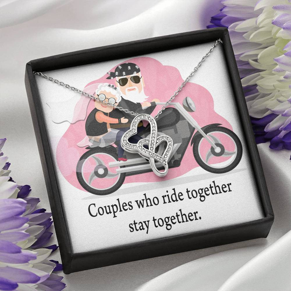 To My Wife Ride Together Stay Together Double Hearts Necklace Message Card From Son Daughter Gift Anniversary Birthday Graduation Mothers Day - Double Hearts Necklace