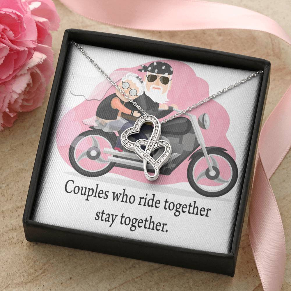 To My Wife Ride Together Stay Together Double Hearts Necklace Message Card From Son Daughter Gift Anniversary Birthday Graduation Mothers Day - Double Hearts Necklace