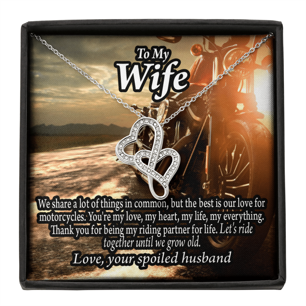 To My Wife Live To Ride Love To Experience Double Hearts Necklace Message Card From Son Daughter Gift Anniversary Birthday Graduation Mothers Day - Double Hearts Necklace