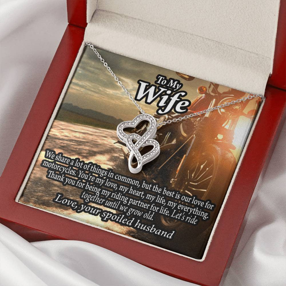 To My Wife Live To Ride Love To Experience Double Hearts Necklace Message Card From Son Daughter Gift Anniversary Birthday Graduation Mothers Day - Double Hearts Necklace