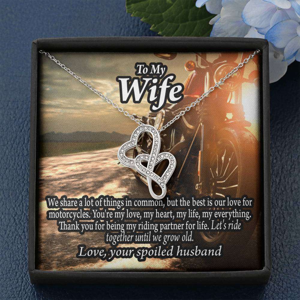 To My Wife Live To Ride Love To Experience Double Hearts Necklace Message Card From Son Daughter Gift Anniversary Birthday Graduation Mothers Day - Double Hearts Necklace