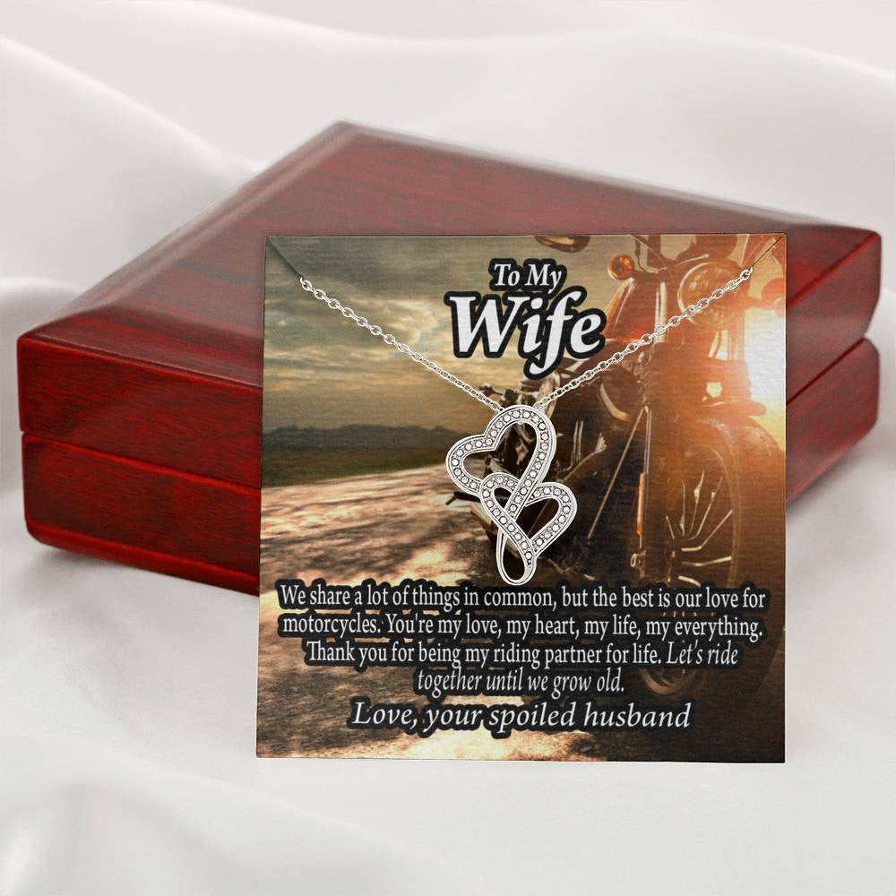 To My Wife Live To Ride Love To Experience Double Hearts Necklace Message Card From Son Daughter Gift Anniversary Birthday Graduation Mothers Day - Double Hearts Necklace