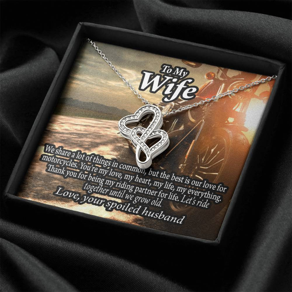 To My Wife Live To Ride Love To Experience Double Hearts Necklace Message Card From Son Daughter Gift Anniversary Birthday Graduation Mothers Day - Double Hearts Necklace