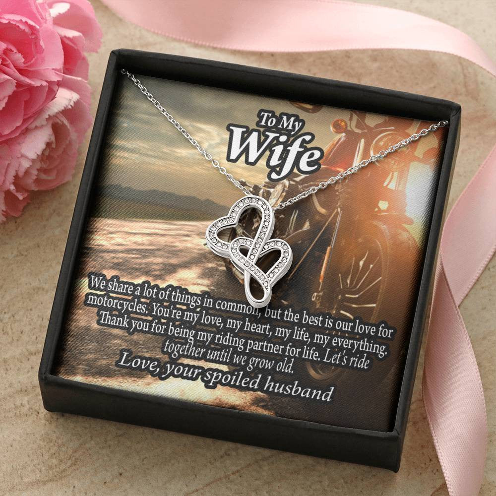 To My Wife Live To Ride Love To Experience Double Hearts Necklace Message Card From Son Daughter Gift Anniversary Birthday Graduation Mothers Day - Double Hearts Necklace