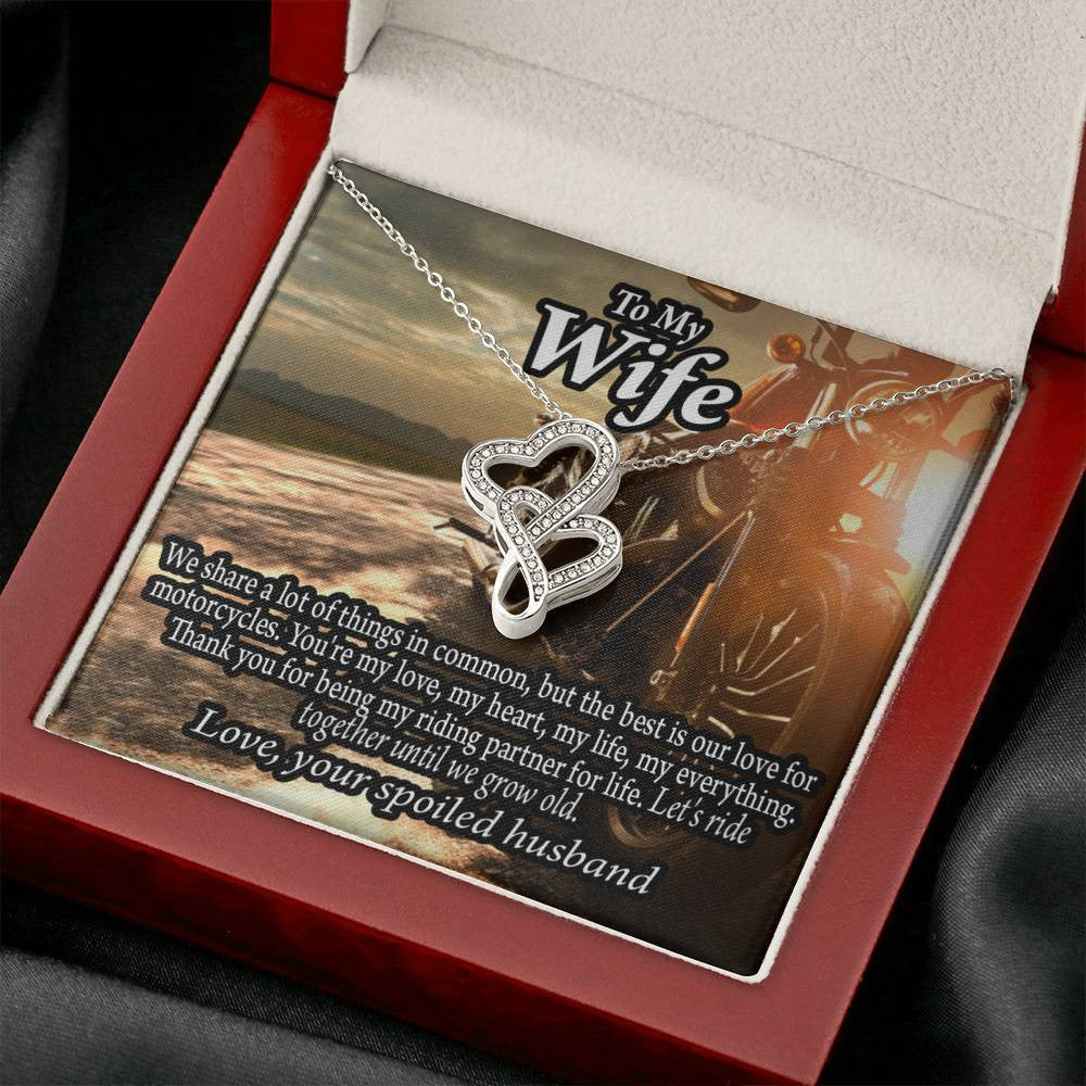 To My Wife Live To Ride Love To Experience Double Hearts Necklace Message Card From Son Daughter Gift Anniversary Birthday Graduation Mothers Day - Double Hearts Necklace