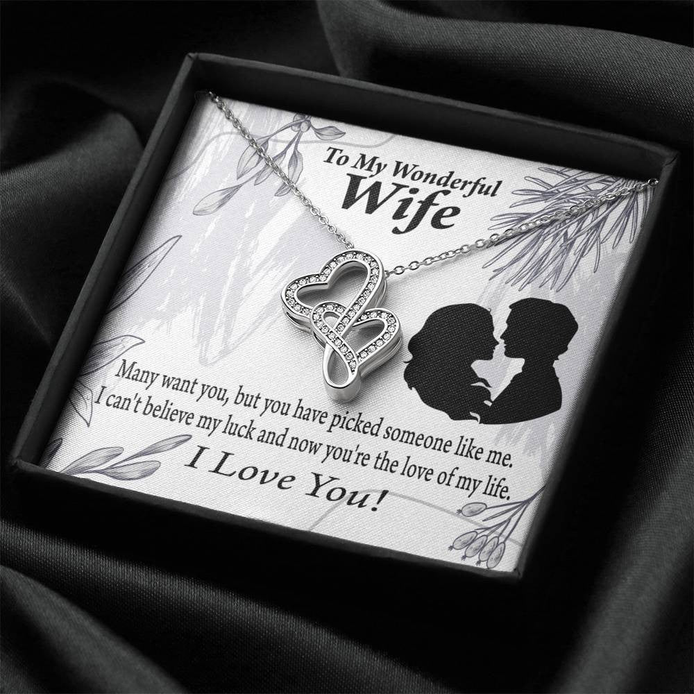 To My Wife Lucky To Be Your Man Twin Hearts Necklace Cz Eternal Bond Pendant From Son Daughter Gift Anniversary Birthday Graduation Mothers Day - Double Hearts Necklace