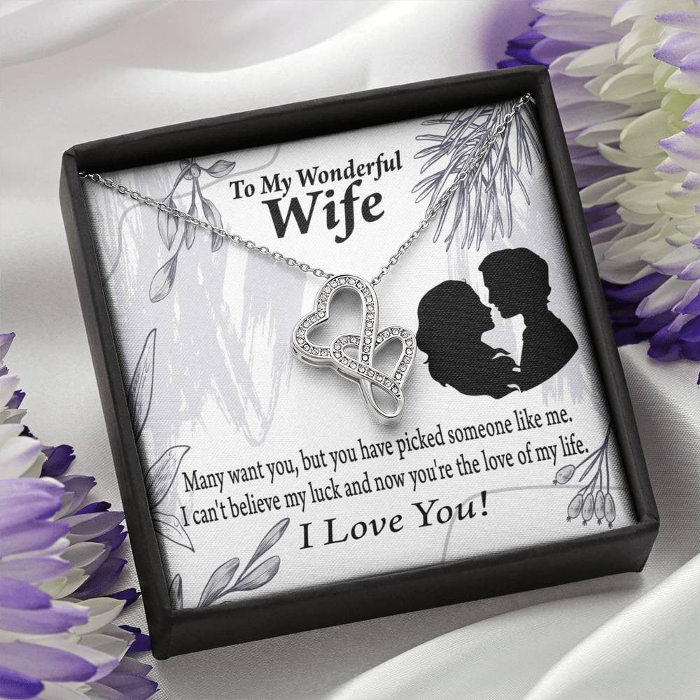 To My Wife Lucky To Be Your Man Twin Hearts Necklace Cz Eternal Bond Pendant From Son Daughter Gift Anniversary Birthday Graduation Mothers Day - Double Hearts Necklace