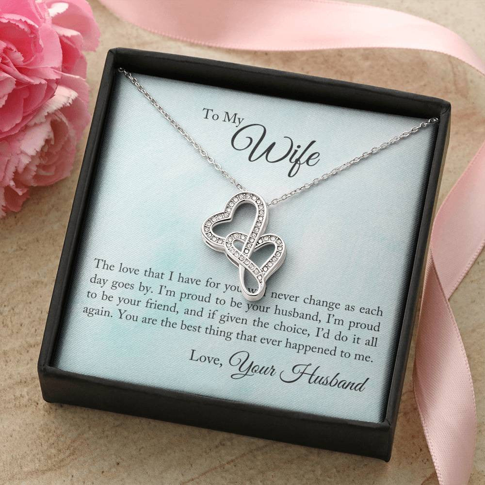 To My Wife Proud To Be You Husband Double Hearts Necklace Message Card From Son Daughter Gift Anniversary Birthday Graduation Mothers Day - Double Hearts Necklace