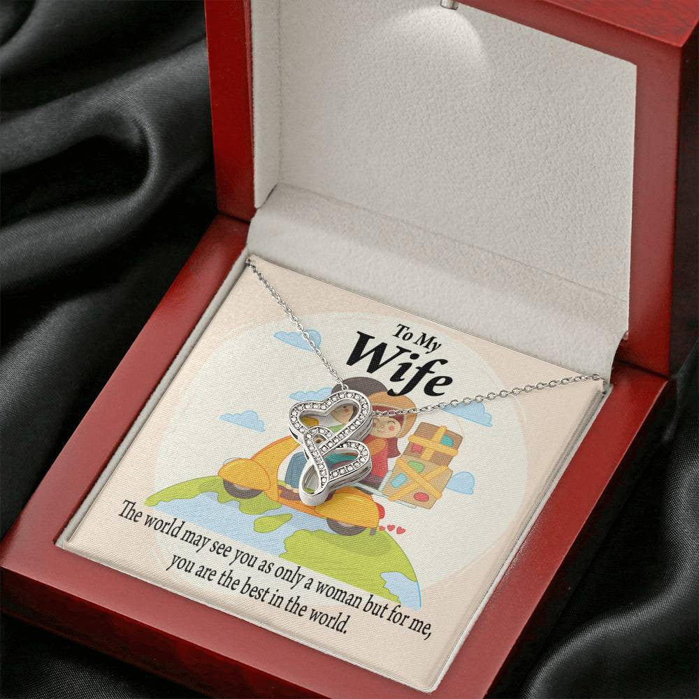To My Wife My Woman My World Double Hearts Necklace Message Card From Son Daughter Gift Anniversary Birthday Graduation Mothers Day - Double Hearts Necklace