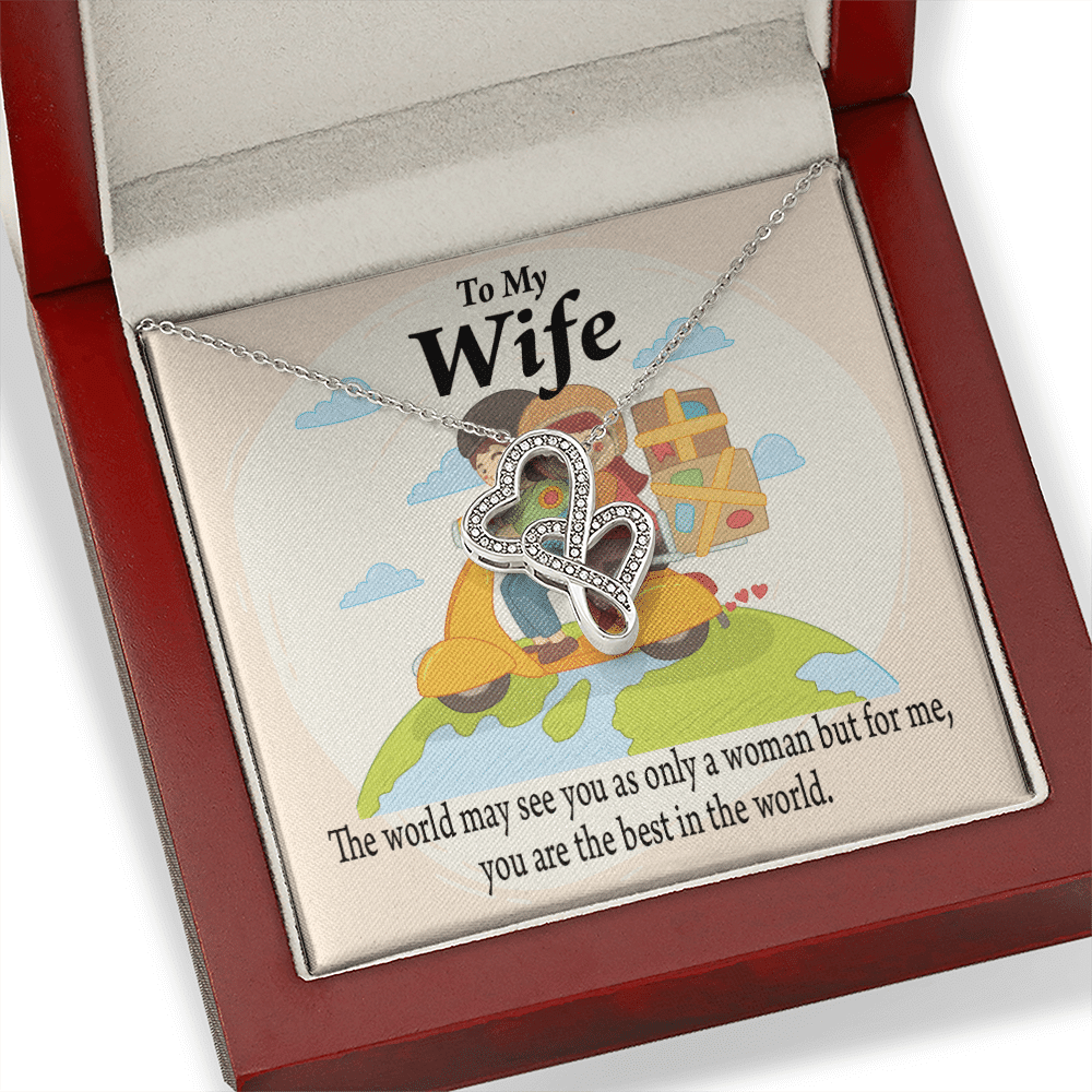To My Wife My Woman My World Double Hearts Necklace Message Card From Son Daughter Gift Anniversary Birthday Graduation Mothers Day - Double Hearts Necklace