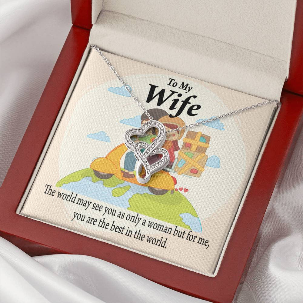 To My Wife My Woman My World Double Hearts Necklace Message Card From Son Daughter Gift Anniversary Birthday Graduation Mothers Day - Double Hearts Necklace