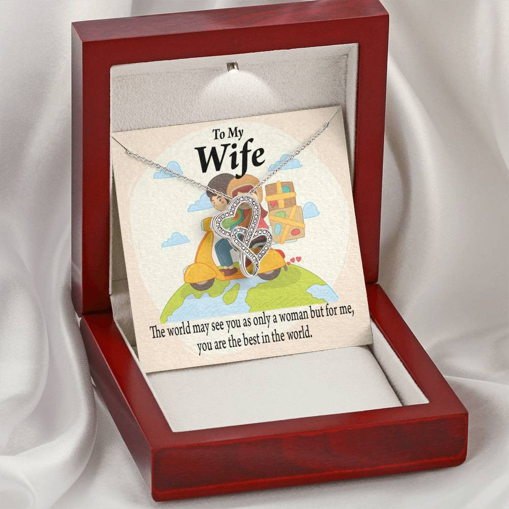 To My Wife My Woman My World Double Hearts Necklace Message Card From Son Daughter Gift Anniversary Birthday Graduation Mothers Day - Double Hearts Necklace