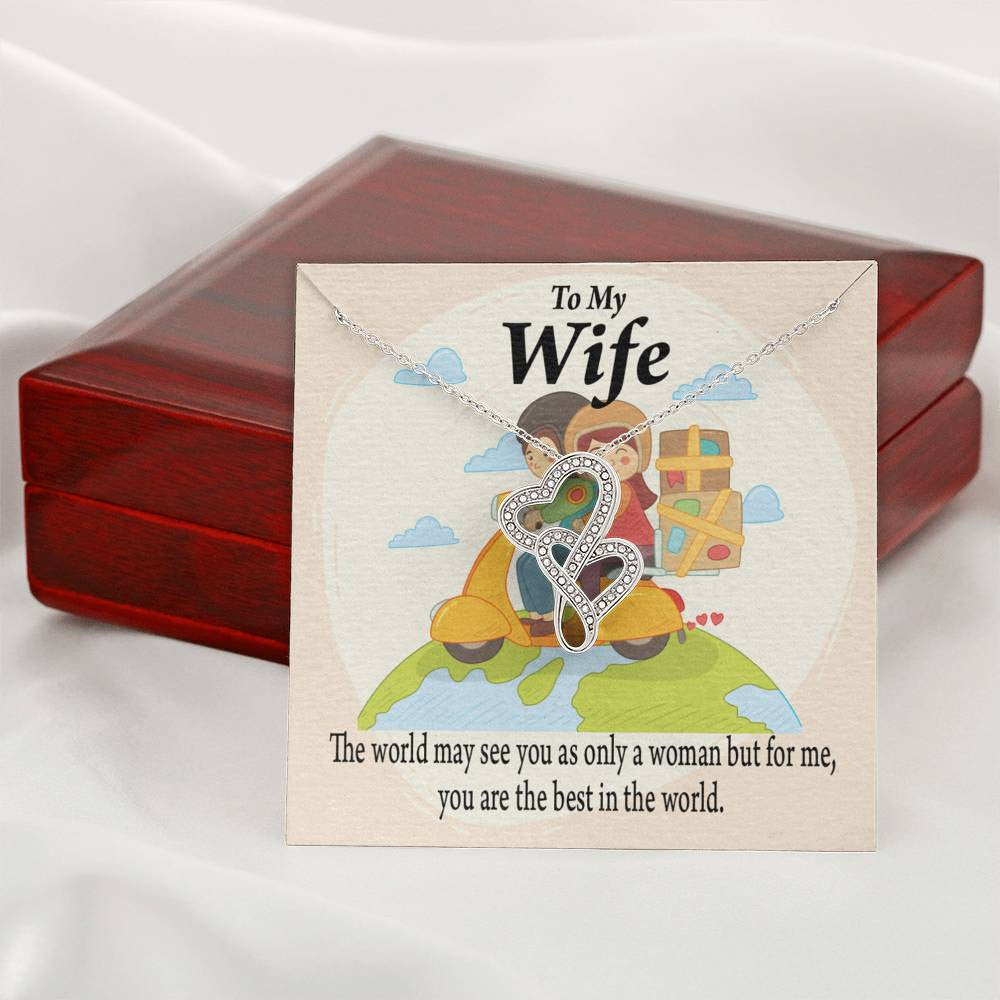 To My Wife My Woman My World Double Hearts Necklace Message Card From Son Daughter Gift Anniversary Birthday Graduation Mothers Day - Double Hearts Necklace