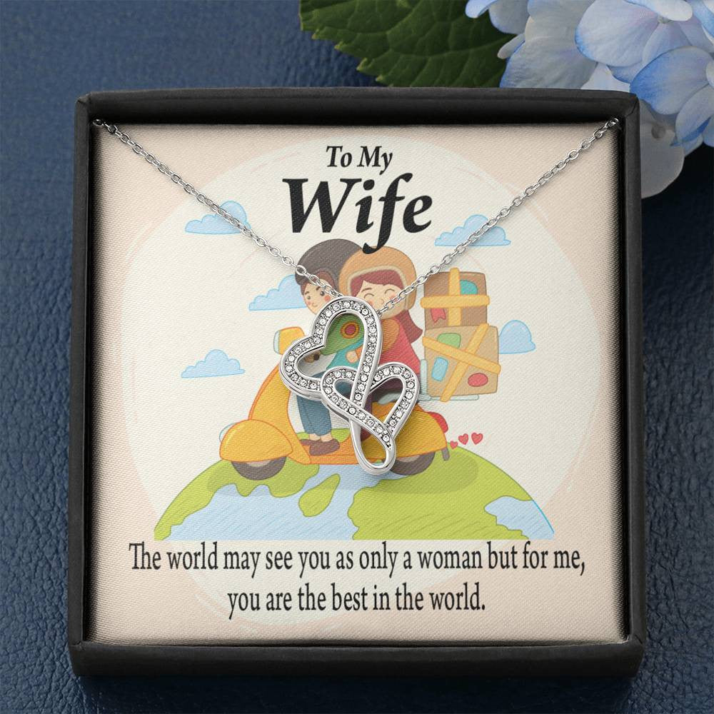 To My Wife My Woman My World Double Hearts Necklace Message Card From Son Daughter Gift Anniversary Birthday Graduation Mothers Day - Double Hearts Necklace