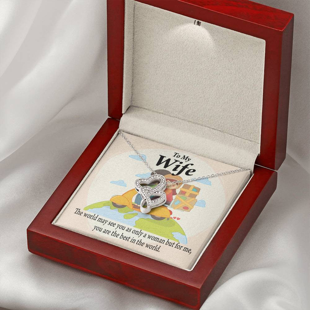 To My Wife My Woman My World Double Hearts Necklace Message Card From Son Daughter Gift Anniversary Birthday Graduation Mothers Day - Double Hearts Necklace