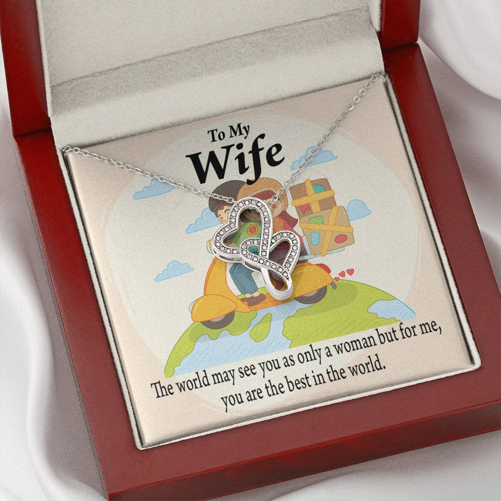 To My Wife My Woman My World Double Hearts Necklace Message Card From Son Daughter Gift Anniversary Birthday Graduation Mothers Day - Double Hearts Necklace
