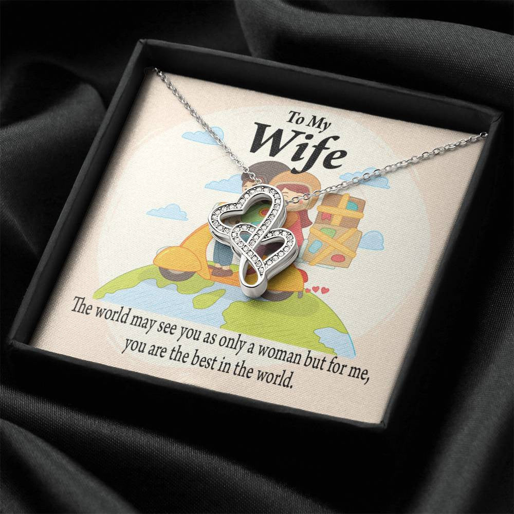 To My Wife My Woman My World Double Hearts Necklace Message Card From Son Daughter Gift Anniversary Birthday Graduation Mothers Day - Double Hearts Necklace