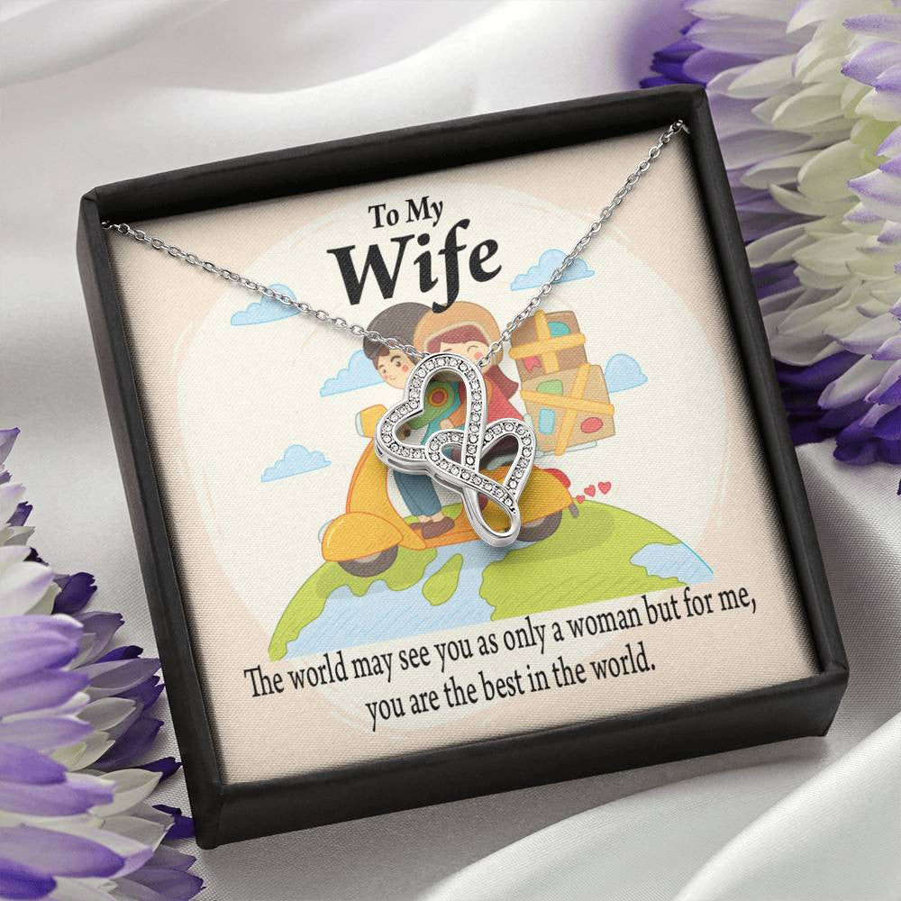To My Wife My Woman My World Double Hearts Necklace Message Card From Son Daughter Gift Anniversary Birthday Graduation Mothers Day - Double Hearts Necklace