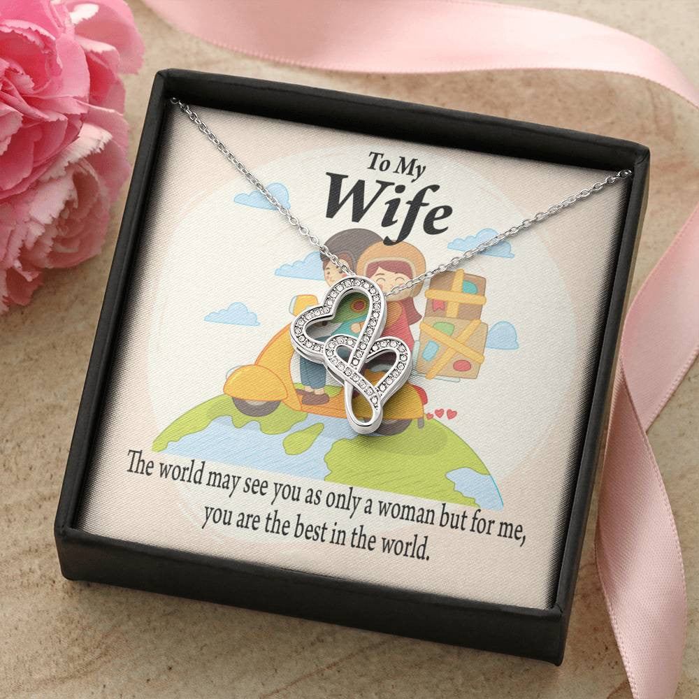 To My Wife My Woman My World Double Hearts Necklace Message Card From Son Daughter Gift Anniversary Birthday Graduation Mothers Day - Double Hearts Necklace