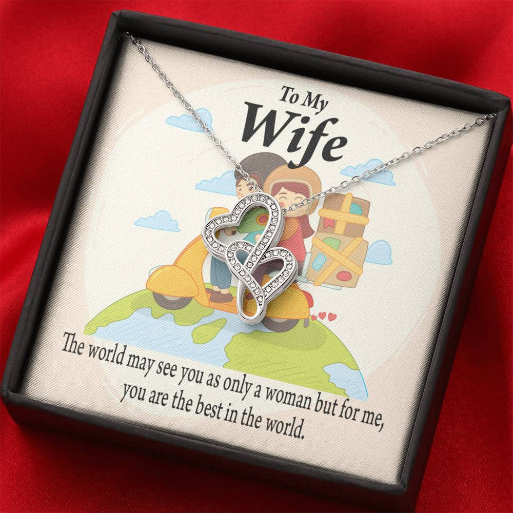 To My Wife My Woman My World Double Hearts Necklace Message Card From Son Daughter Gift Anniversary Birthday Graduation Mothers Day - Double Hearts Necklace