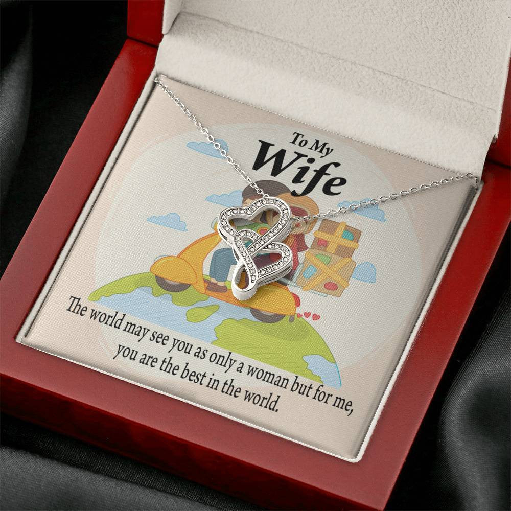 To My Wife My Woman My World Double Hearts Necklace Message Card From Son Daughter Gift Anniversary Birthday Graduation Mothers Day - Double Hearts Necklace