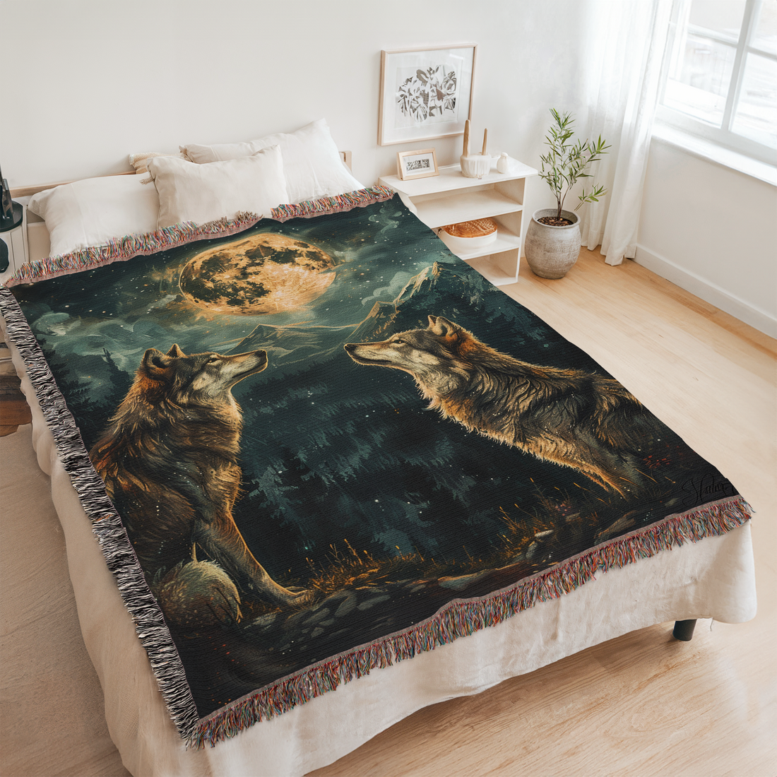 Moonlit Wolves Woven Blanket