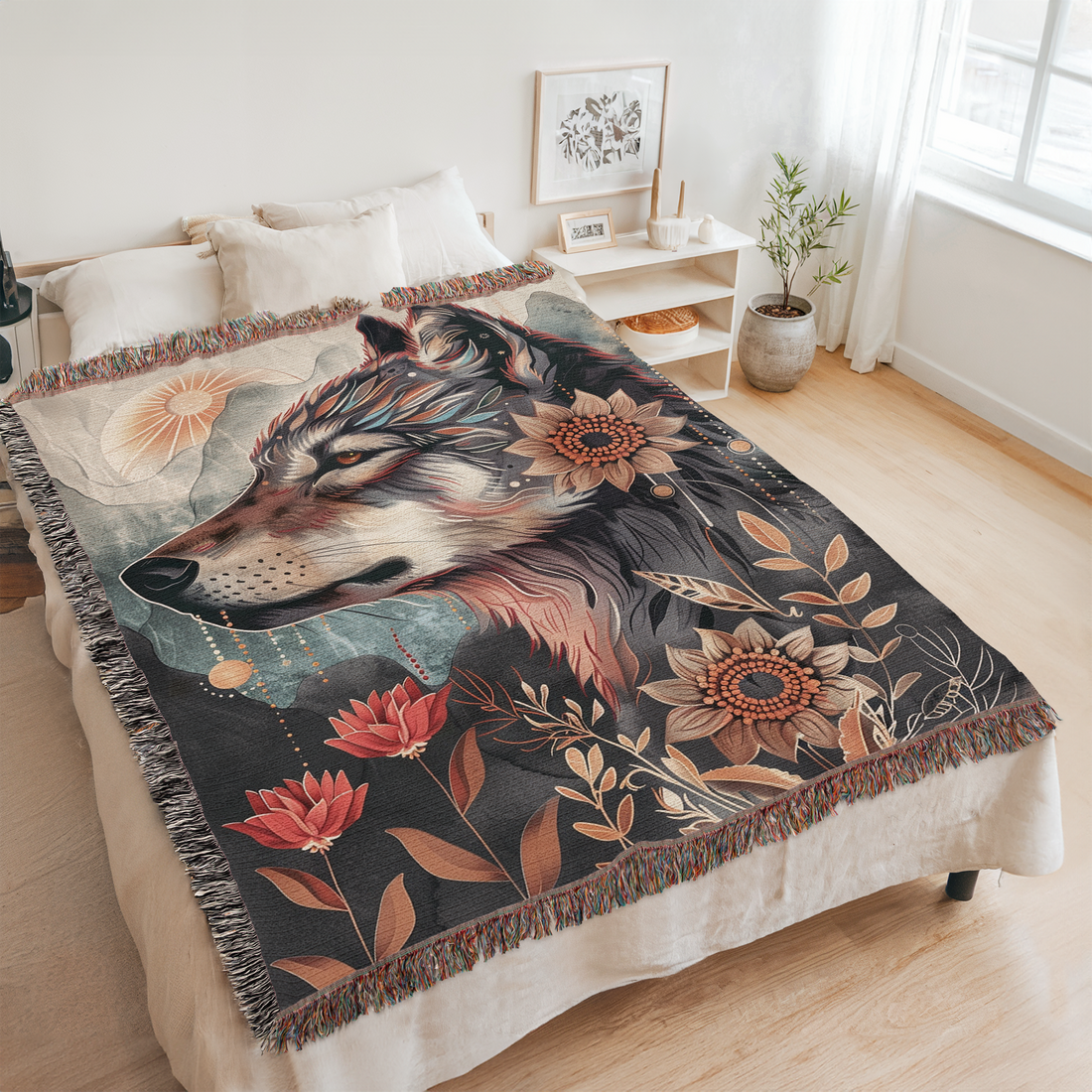 Floral Wolf Woven Blanket