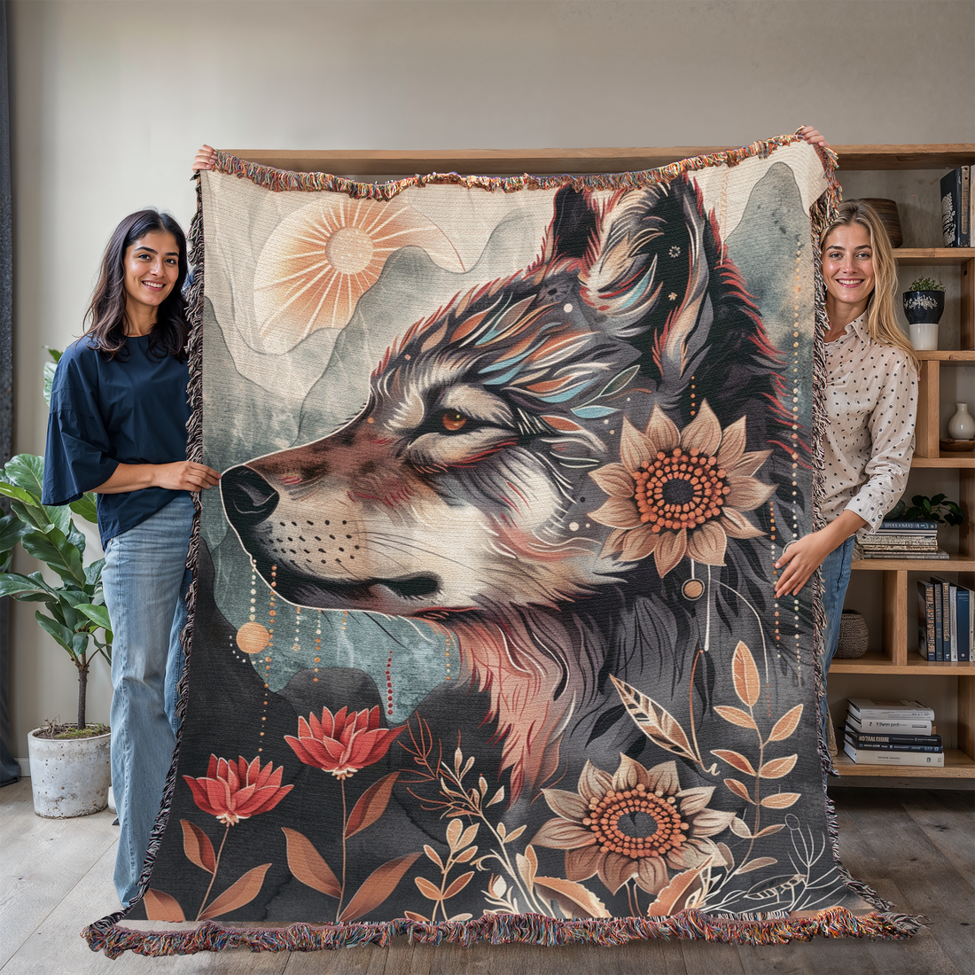 Floral Wolf Woven Blanket