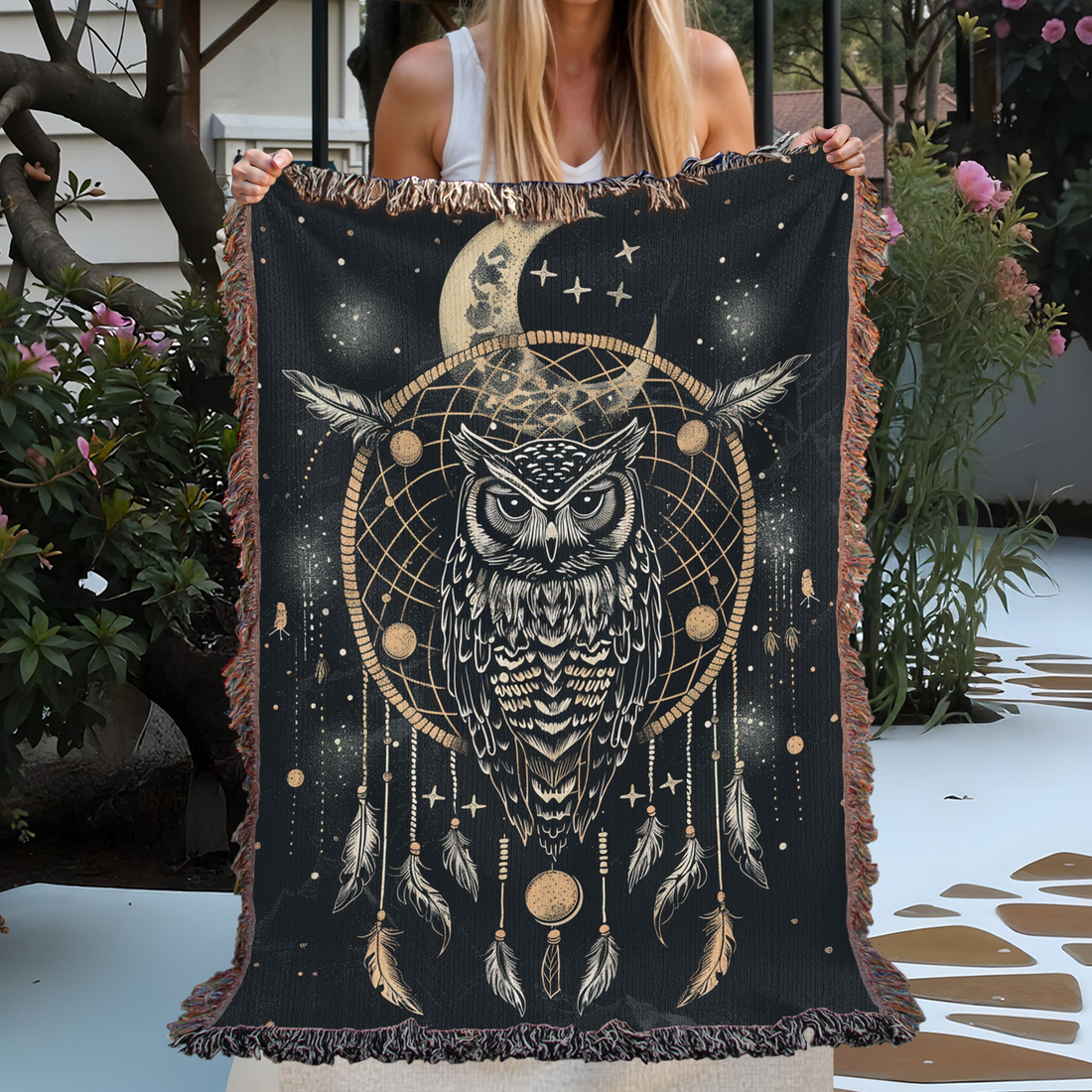 Celestial Owl Dreamcatcher Woven Blanket