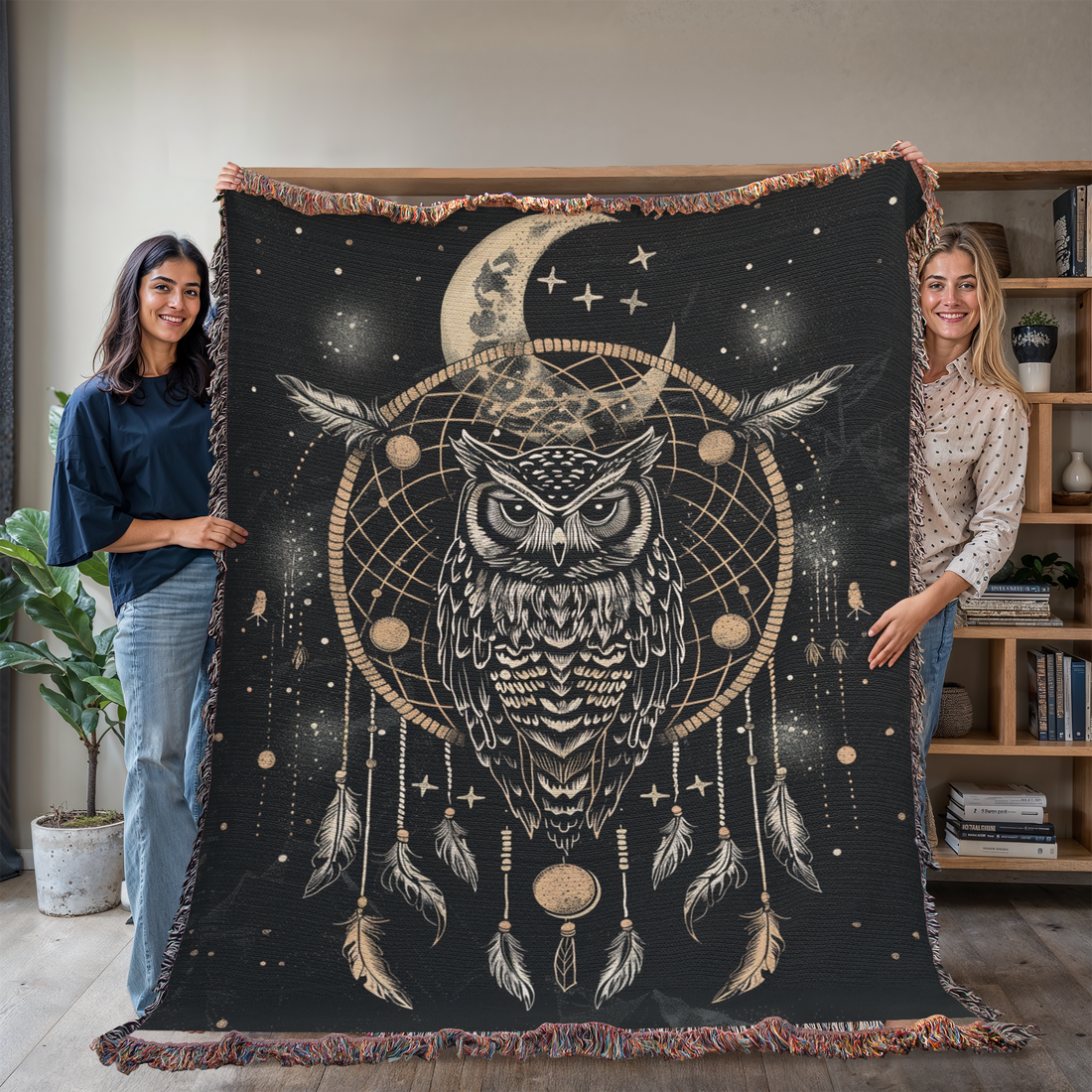 Celestial Owl Dreamcatcher Woven Blanket