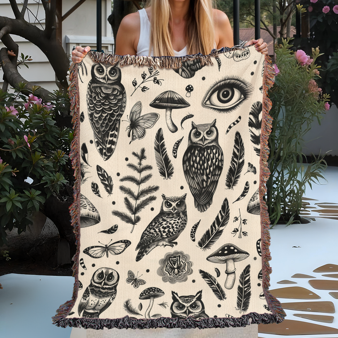 Whimsical Owl Garden Woven Blanket