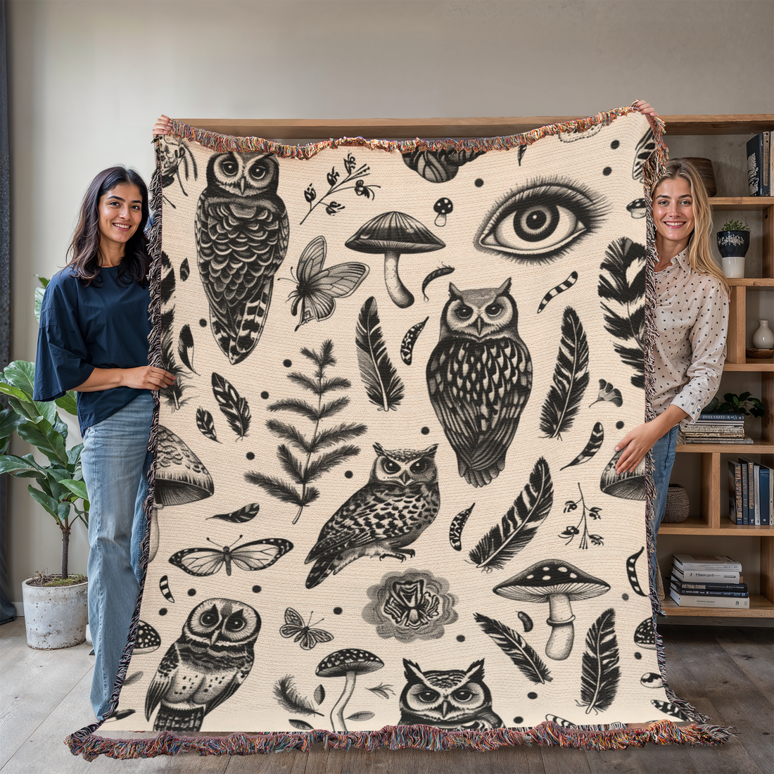 Whimsical Owl Garden Woven Blanket