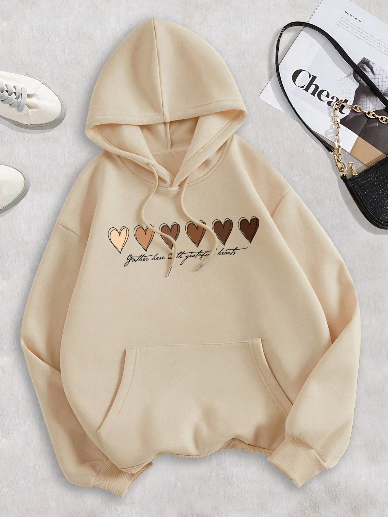 Heart Print Pocket Drawstring Lined Hoodie