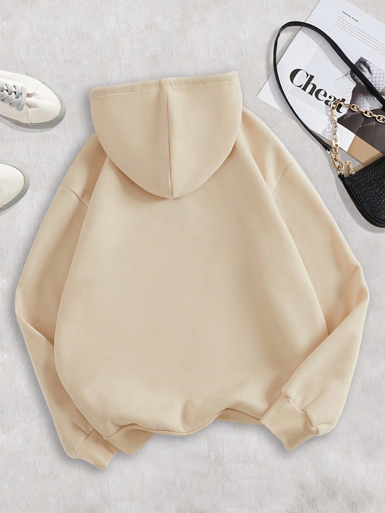 Heart Print Pocket Drawstring Lined Hoodie