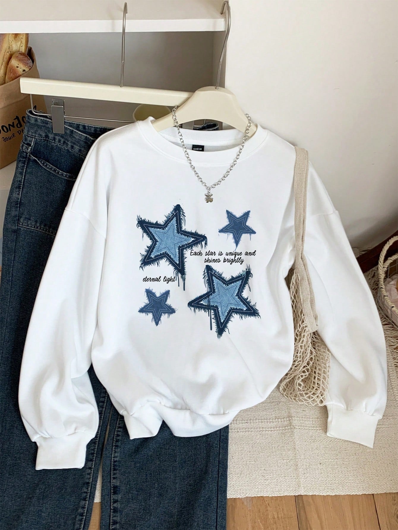 Minimalist Blue Star Patch Print Sweatshirt For Women