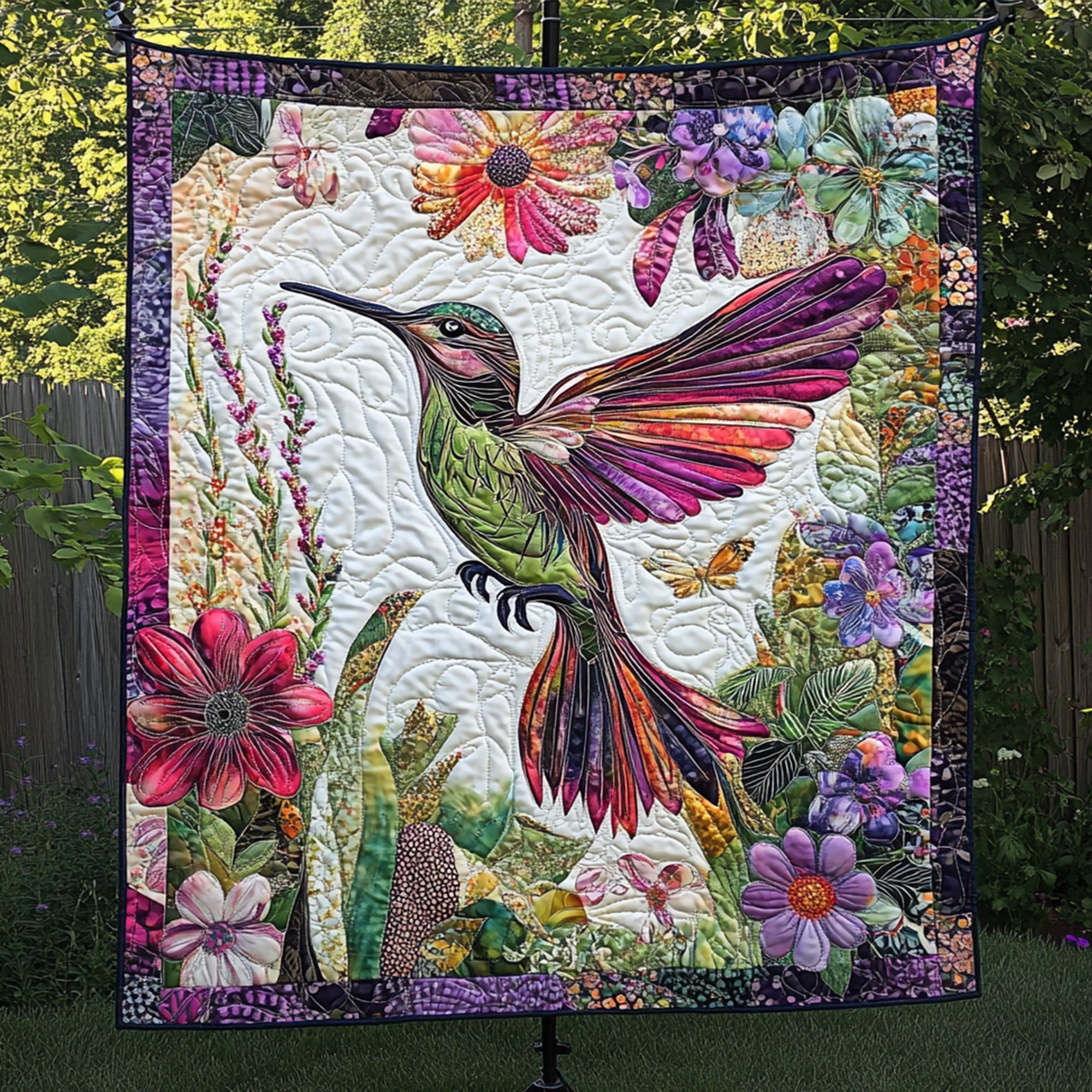 A Dance of Petals and Wings Quilted Blanket Best Throw Blanket Hummingbird Gifts For Dad - Marykun