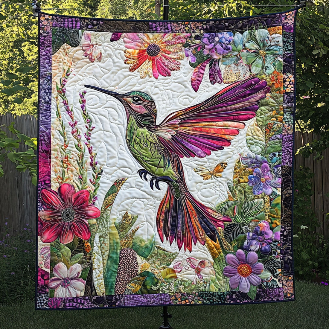 A Dance of Petals and Wings Quilted Blanket Best Throw Blanket Hummingbird Gifts For Dad - Marykun