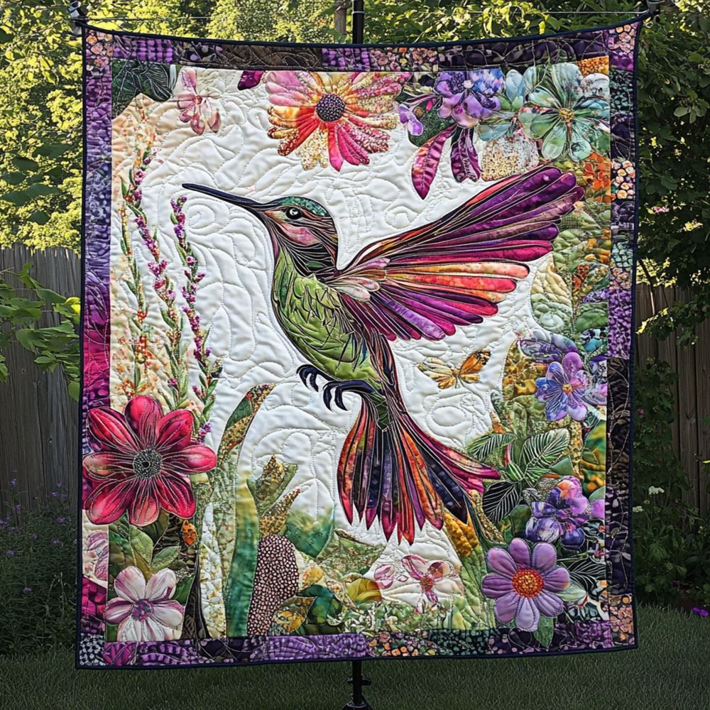 A Dance of Petals and Wings Quilted Blanket Best Throw Blanket Hummingbird Gifts For Dad - Marykun