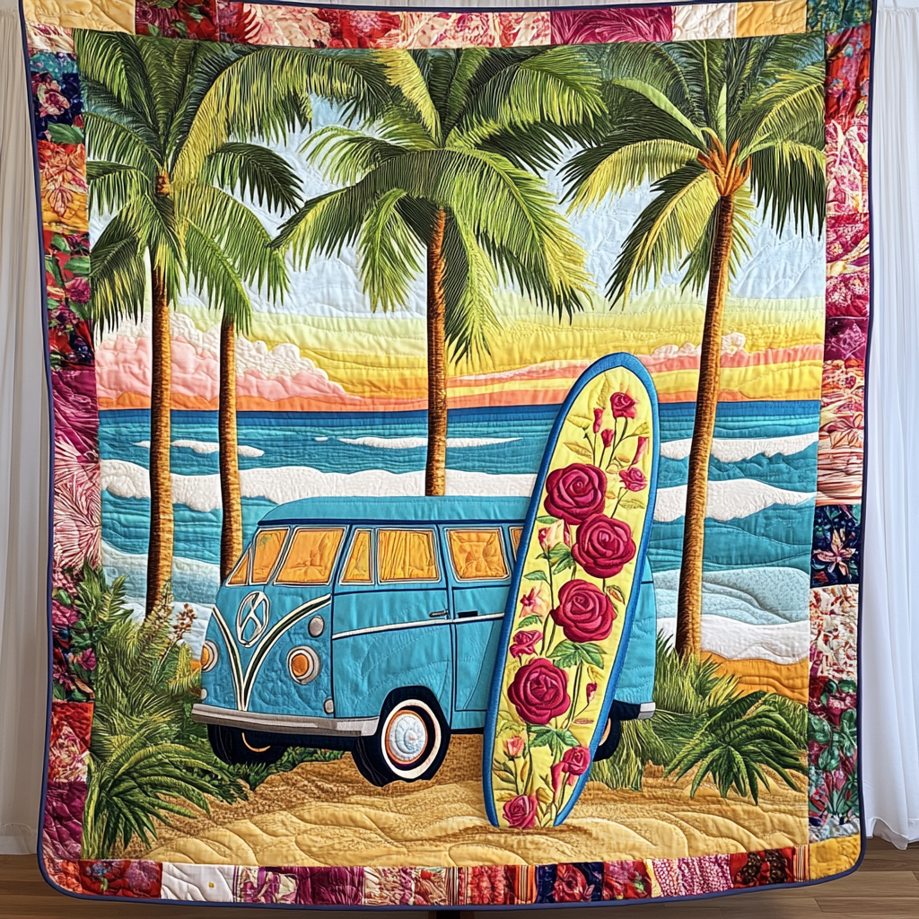 Beach Van Bloom Quilted Blanket Cute Throw Blanket Ocean Themed Christmas Gifts - Marykun