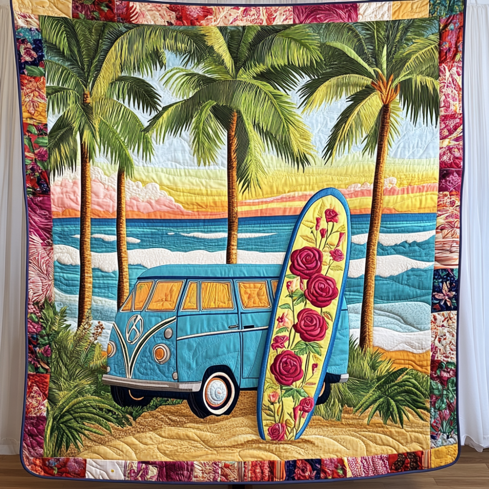 Beach Van Bloom Quilted Blanket Cute Throw Blanket Ocean Themed Christmas Gifts - Marykun