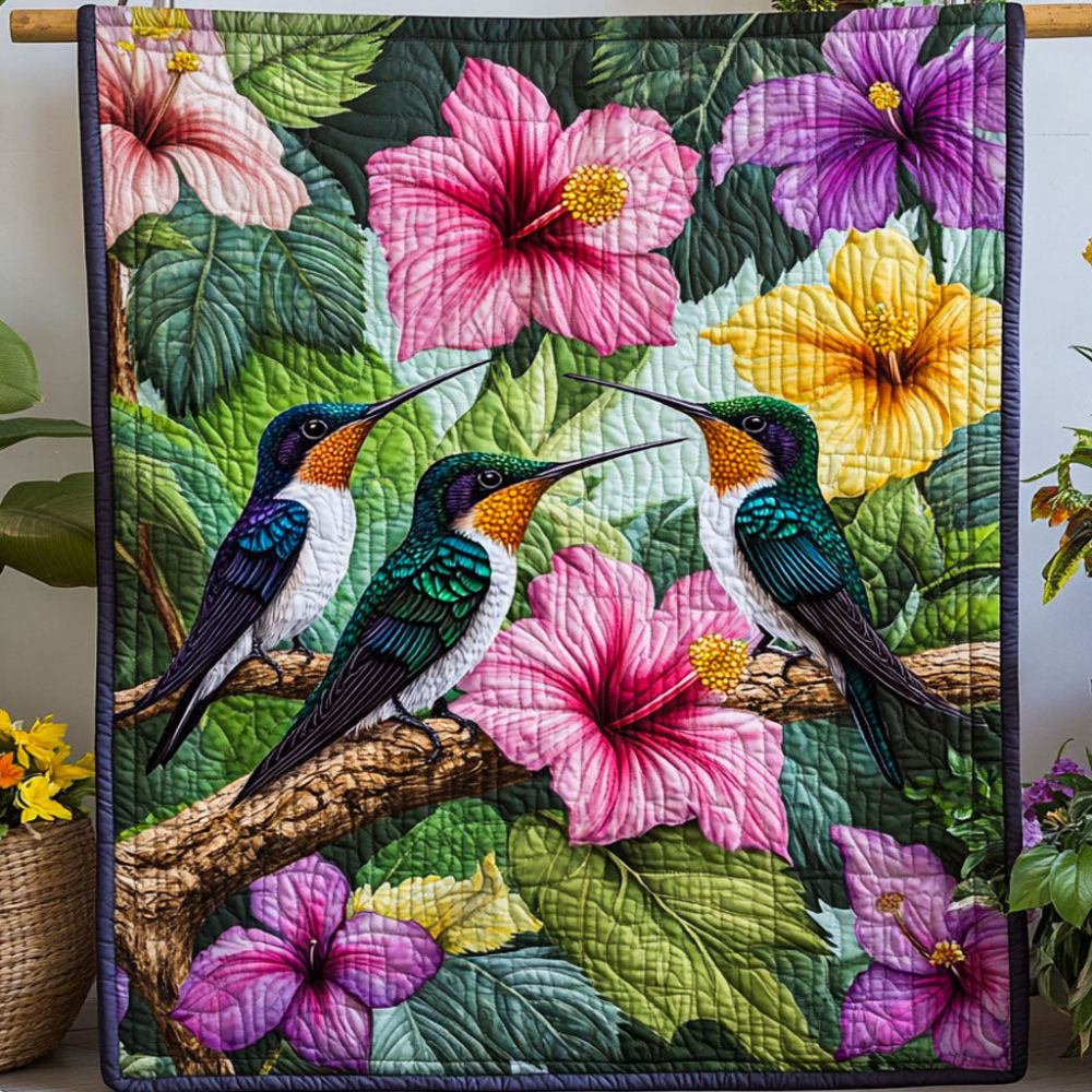 Blossom Breeze Quilted Blanket Cute Throw Blanket Hummingbird Gifts For Mom Grandma - Marykun