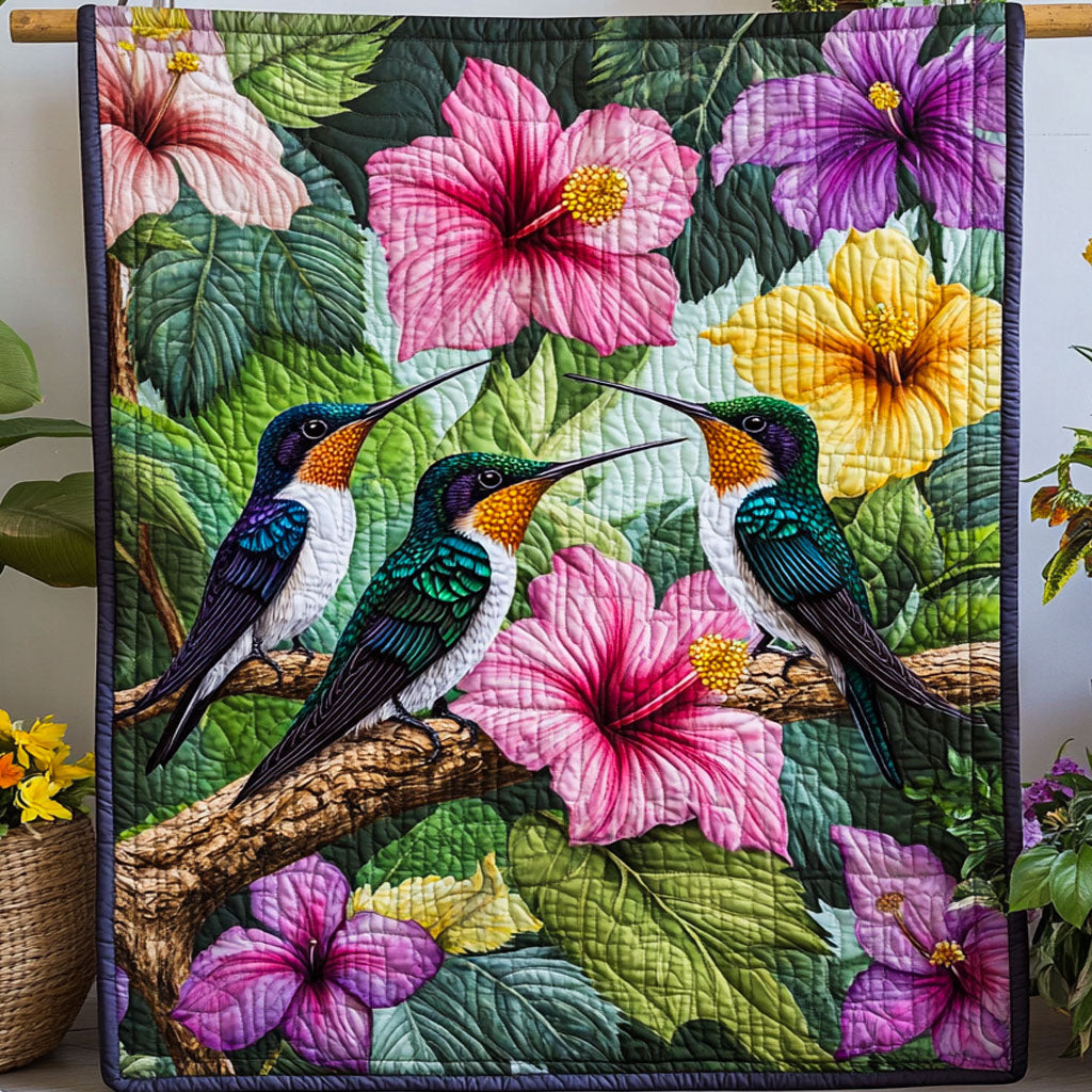 Blossom Breeze Quilted Blanket Cute Throw Blanket Hummingbird Gifts For Mom Grandma - Marykun