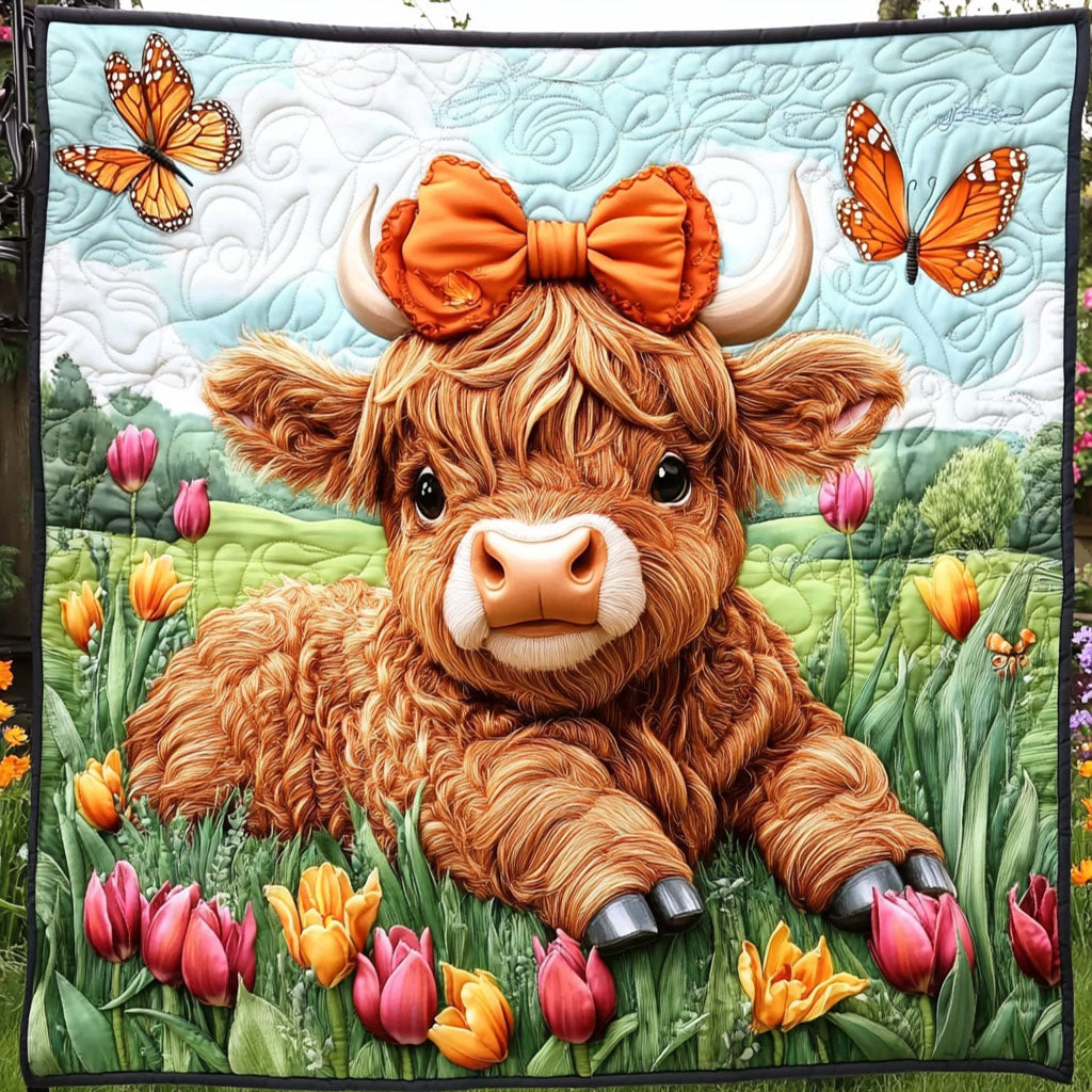Blossom Hoof Delight Quilted Blanket Bedroom Decor Christmas Highland Cattle Gifts - Marykun