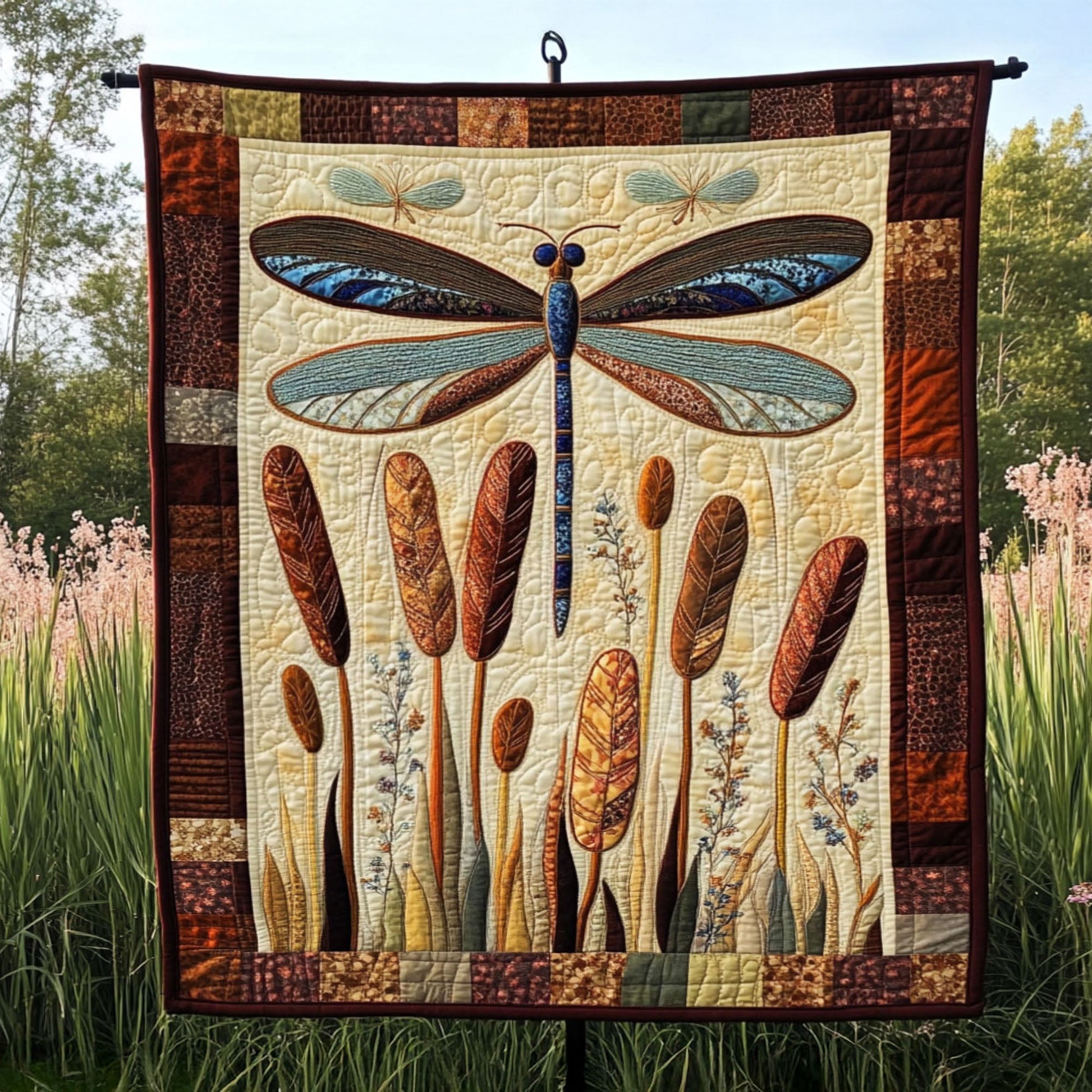 Cattail Harmony Quilted Blanket Nice Throw Blanket Best Dragonfly Presents - Marykun