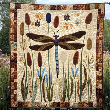 Cattail Serenade Quilted Blanket Christmas Room Decor Best Dragonfly Lover Gifts For Her - Marykun