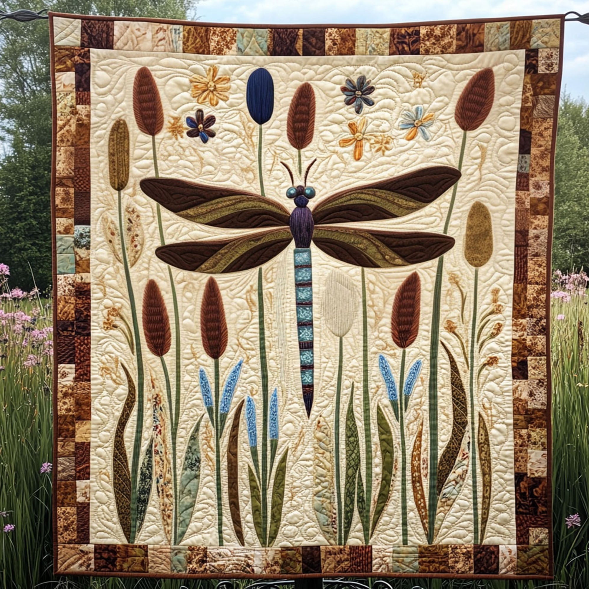 Cattail Serenade Quilted Blanket Christmas Room Decor Best Dragonfly Lover Gifts For Her - Marykun