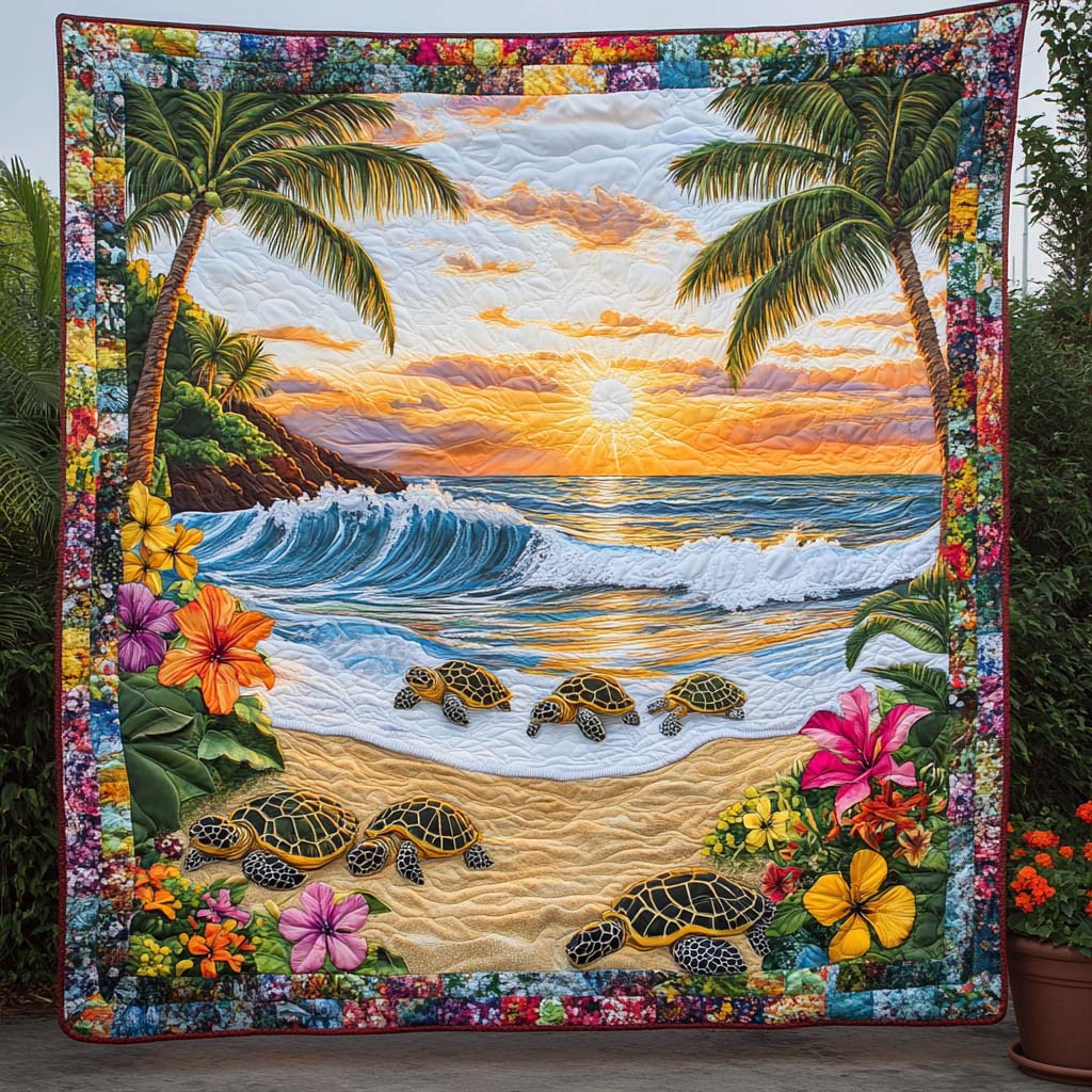 Coastal Turtle Stroll Quilted Blanket Cute Throw Blanket Christmas Presents For Sea Turtle Lovers - Marykun